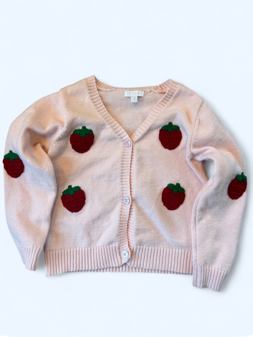 btween Pink Strawberry Knit Cardigan with Embroidered Berries